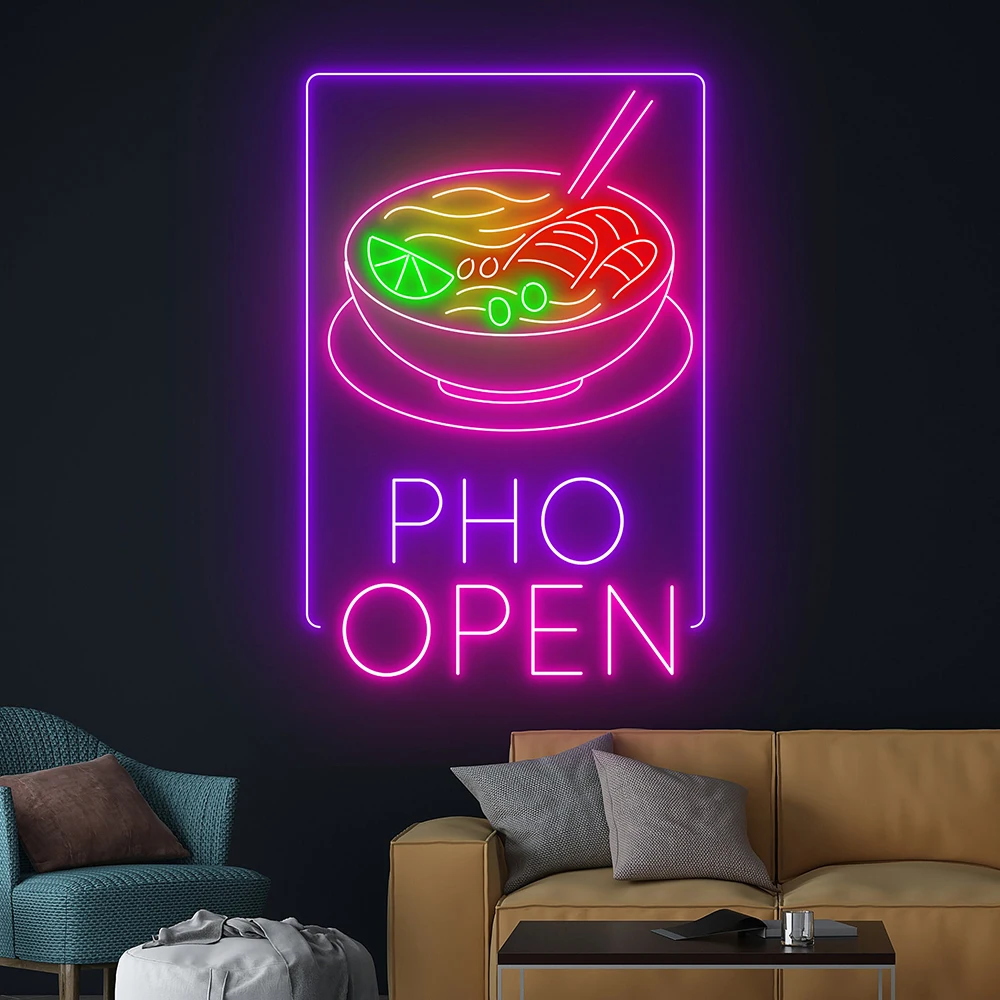 Phở Open Neon Sign Pho Real Restaurant Decoration Custom Neon Sign Vietnamese Traditional Food Shop Wall Decor LED Neon Light