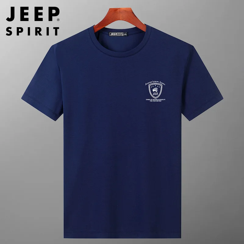 JEEP SPIRIT Summer Cotton Brand Print T-shirt Men Casual Sports Breathable Round Neck Top Mens Loose Simple Solid Short Sleeve