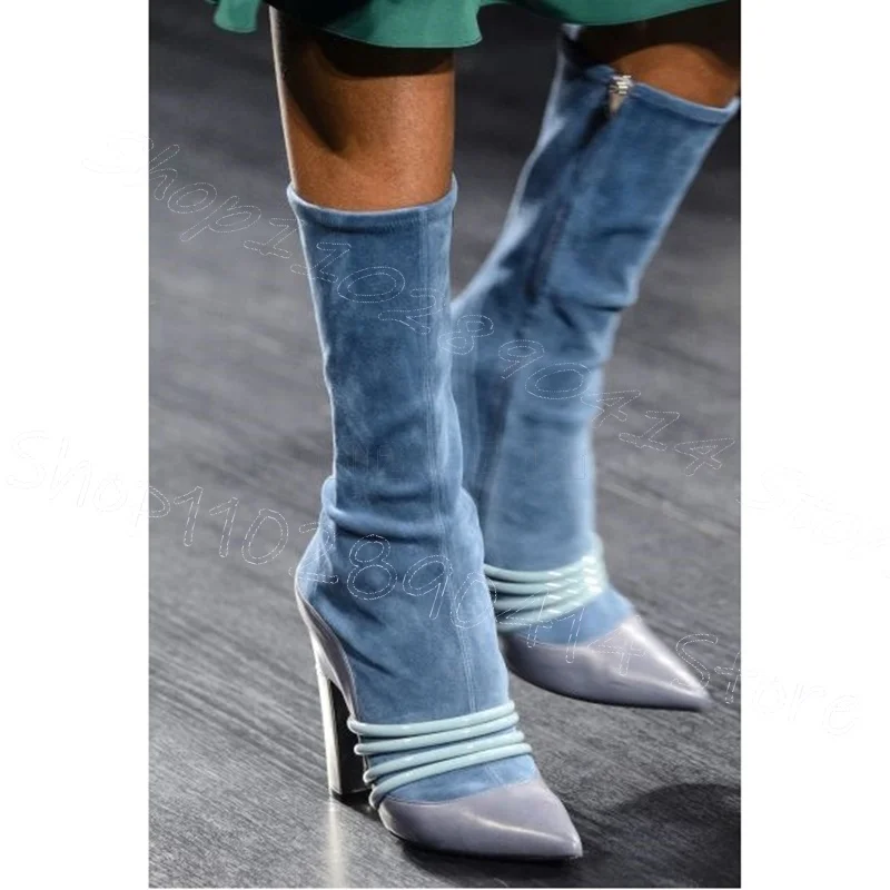 

Blue Stripe Design Patchwork Pointed Toe Boots Side Zipper Women Shoes Chunky High Heels Party Runway 2026 Zapatos Para Mujere
