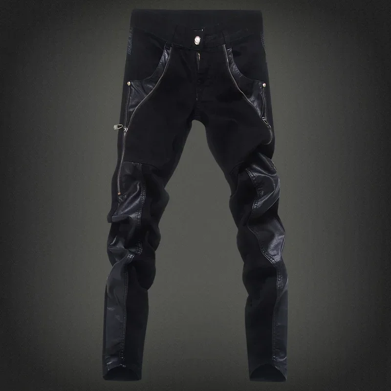 YASUGUOJI New 2024 Punk Style Fashion Slim Fit Pu Leather Patchwork Long Zipper Desgin Skinny Jeans Men Party Wear Pants Men