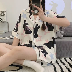 Rabbit Printing Ladies Pajamas Set Summer Kawaii Loungewear Women Green Homewear Cute Cartoon Korean Fashion Version Outfits