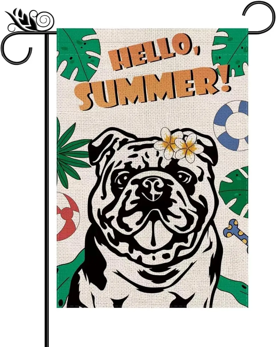 Hello Summer Garden Flag English Bulldog Vertical Double Sided Dog Tropical Flowers Plumeria Seasonal Farmhouse Yard Outdoor yyi