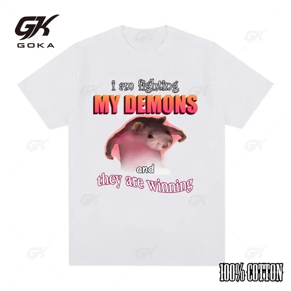 Funny I Am Fighting My Demons and The Are Winning Mouse Meme T-shirt Creative Men Short Sleeve Plus Size Women T-shirts Top