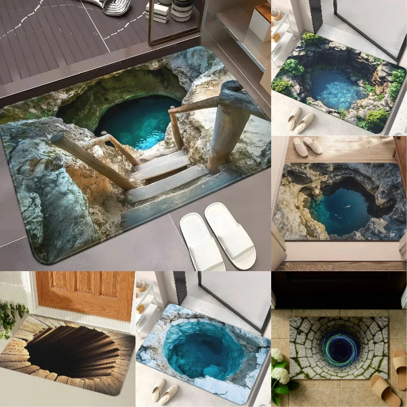 3D Visual Illusion Doormat Hole Trap Pattern Non Slip Entrance Mat Funny Prank Floor Rug  Realistic Visual Effect Floor Rug