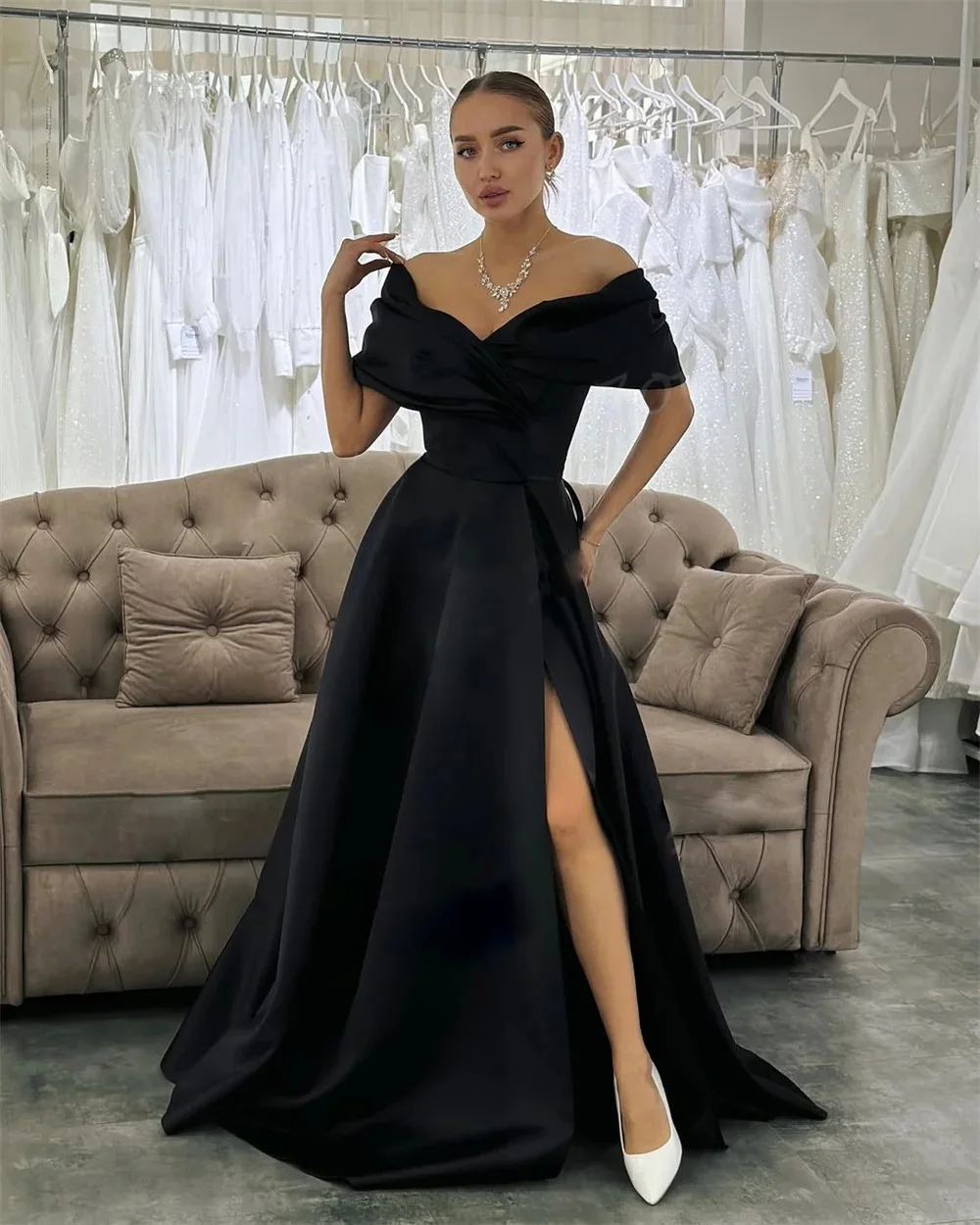 

Новое современное черное вечернее платье для выпускного вечера с открытыми плечами и складками, трапециевидное вечернее платье, халат на день рождения De Soriee