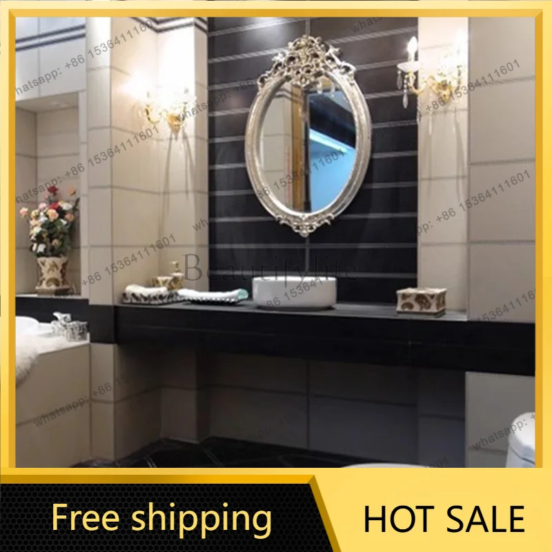 LJY Vintage European Oval Barber Mirror Wall Mounted Salon Bathroom Mirror with Ornate Frame for Hairstyle Salon KTV Decor