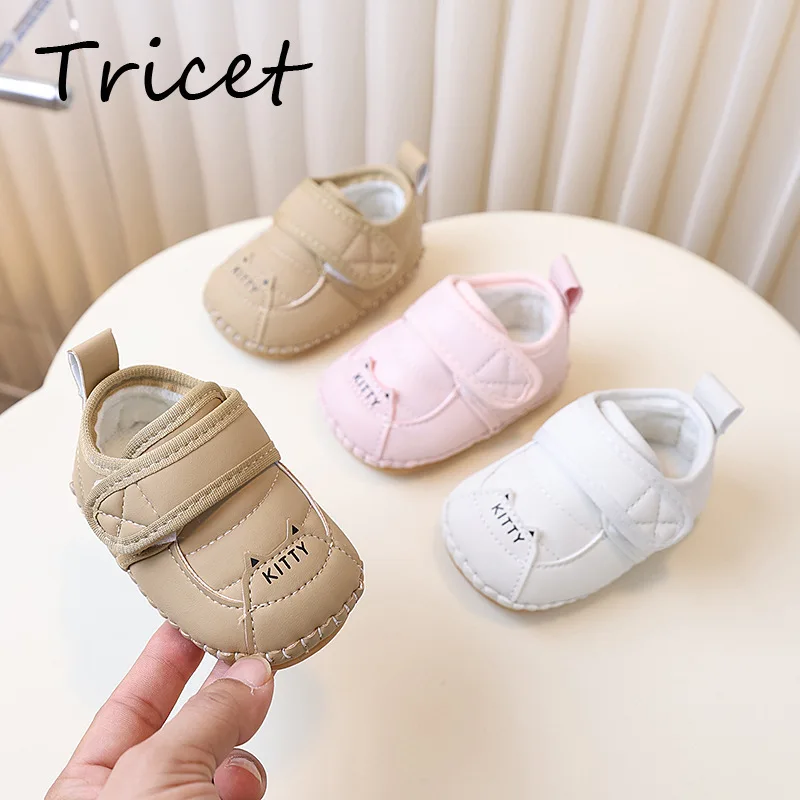 Solid PU Baby Girls Boys Casual Shoes Winter Kitty Hook Loop Soft Children Sneakers Fleece Warm Infant Kids Walk Shoes