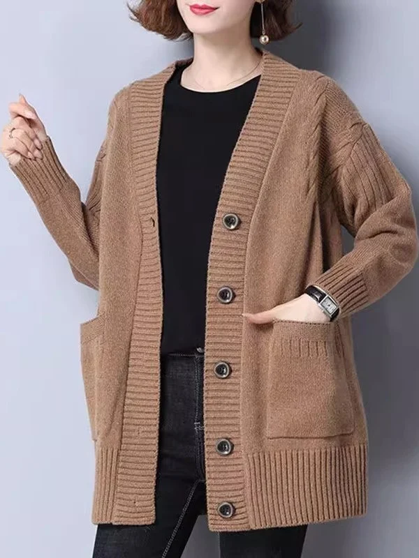 

Свободный вязаный кардиган с V-образным вырезом для женщин, весна-осень, новинка, однотонный свитер-жакет средней длины, верхняя одежда