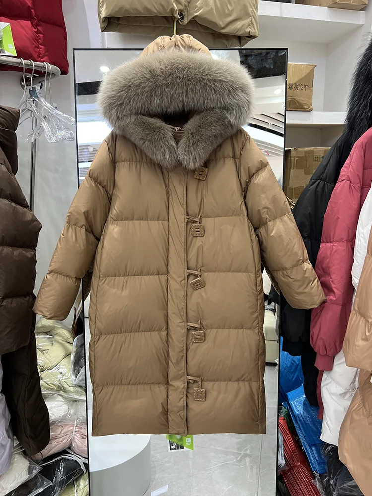 2025 inverno nova jaqueta feminina engrossado sobre o joelho moda versátil quente único breasted pato branco para baixo casaco