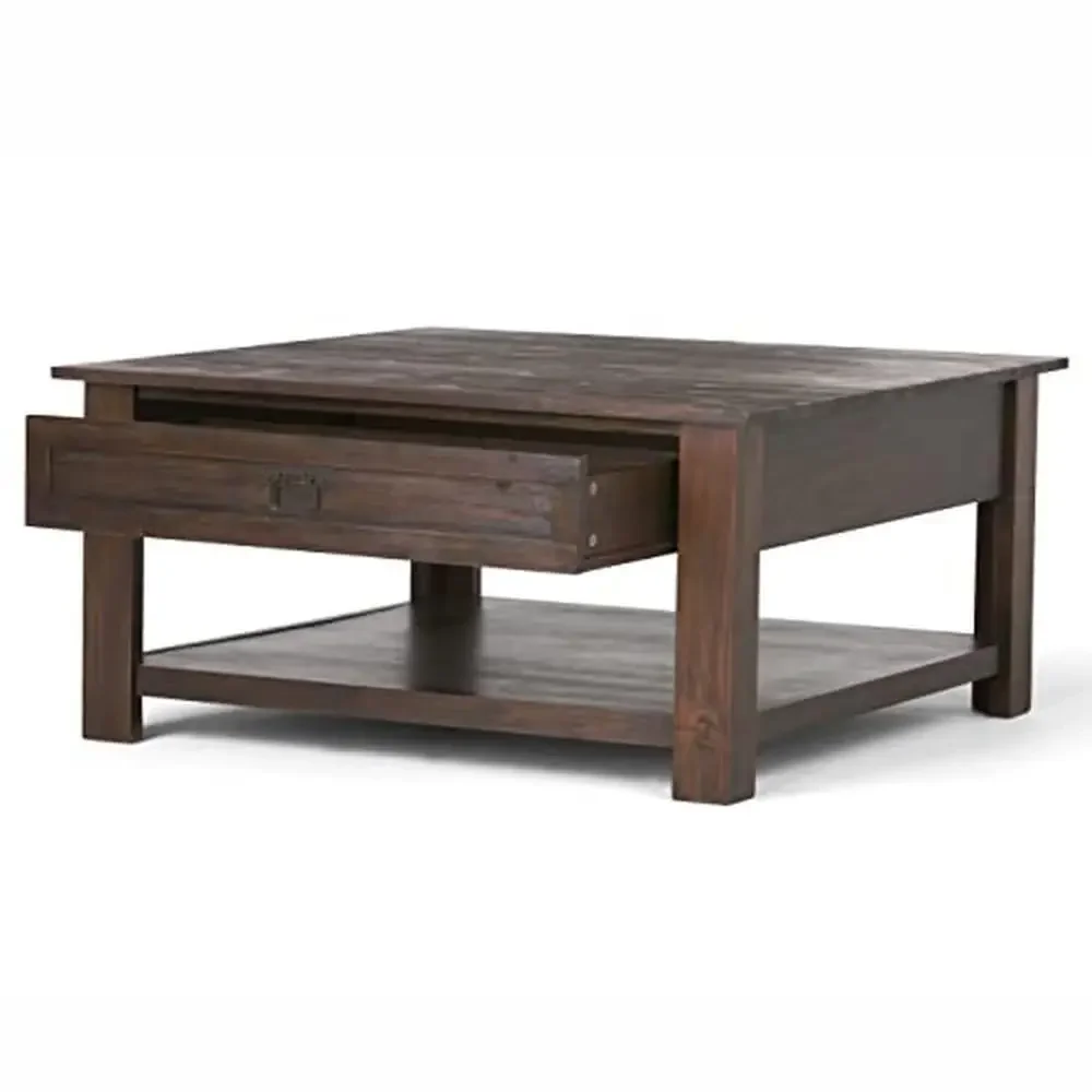 Mesa de centro multifuncional rústica de madera maciza de acacia de 38 pulgadas con cajones de almacenamiento y estante abierto color marrón carbón desgastado