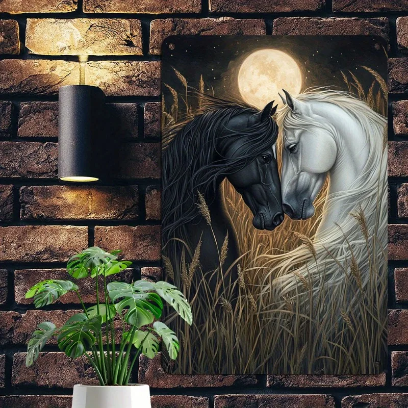

Aluminum Metal Wall Art: Serene Black and White Horses Under The Moon, Ideal for Equestrian Themed Decor, 7.9x11.8"/11.8x17.7"