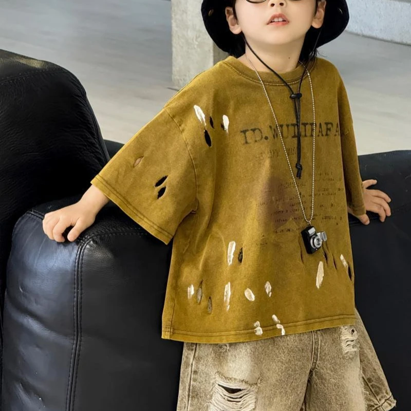 

Boys' Holey Tie-Dye Short Sleeve T-Shirt, 2025 Summer New Style, Stylish