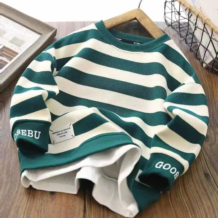 

Spring and Autumn Boys' Striped Hoodie New Baby Round Neck Pullover Top Loose Fashion Children's Bottom Shirt