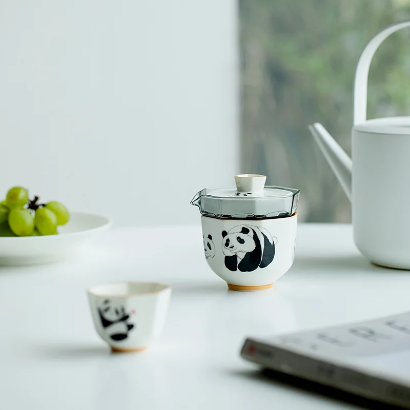 Panda Octagonal Glass Portable Travel Tea Set Outdoor Portable 1 Pot 4 Cups Ceramic Teaset With Outdoor Bag Anti-scalding Teapot