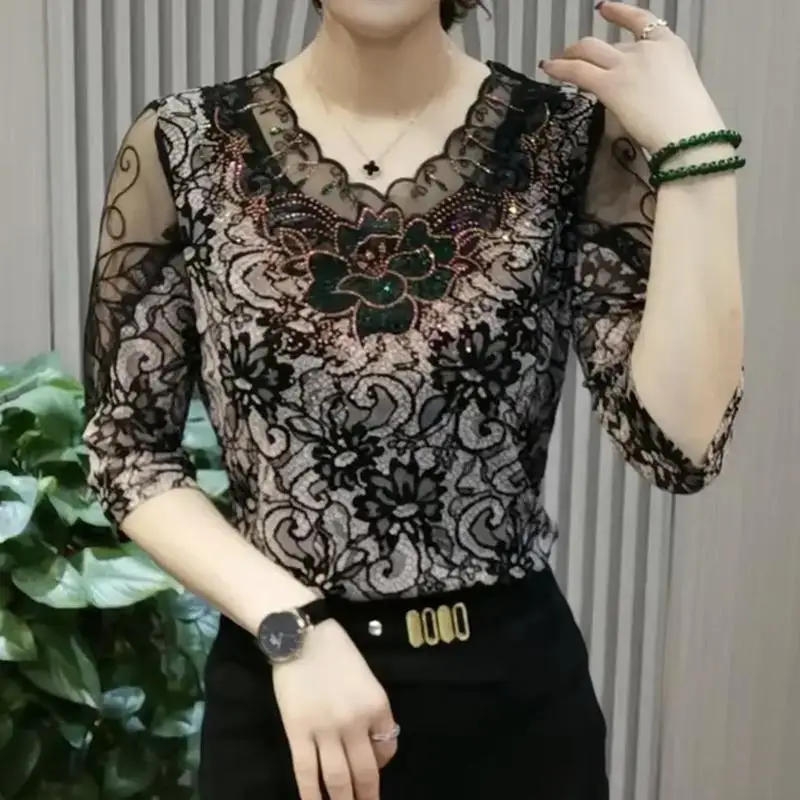 Sexy Lace Hollow Out Blouse Female Clothing Elegant V-Neck Spring Autumn Long Sleeve Slim Commute Floral Fashion Diamonds Shirt