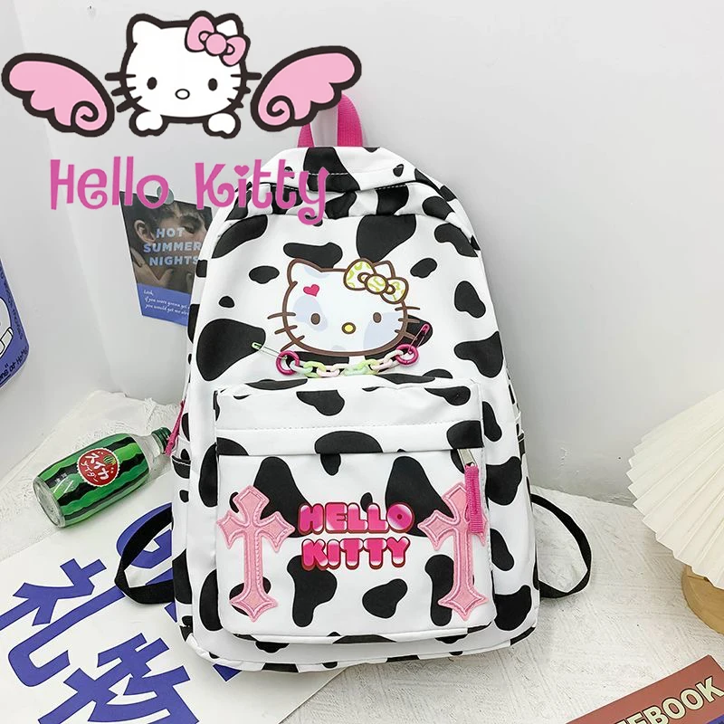 

Kawaii Hello kitty Cow patterned student backpack Retro Cute large capacity Japanese Cartoon schoolbag Spicy girl bag Gift