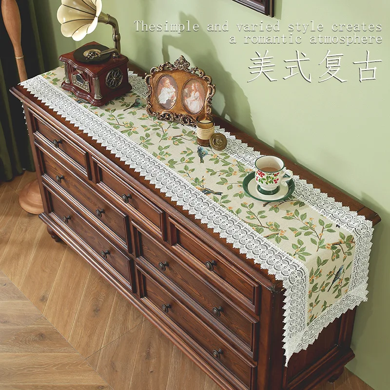 Floral Jacquard Table Flag Wide Edged LaceTable Runner Cotton Linen Tablecloth Mat for Dining Table TV Cabinet Center Table