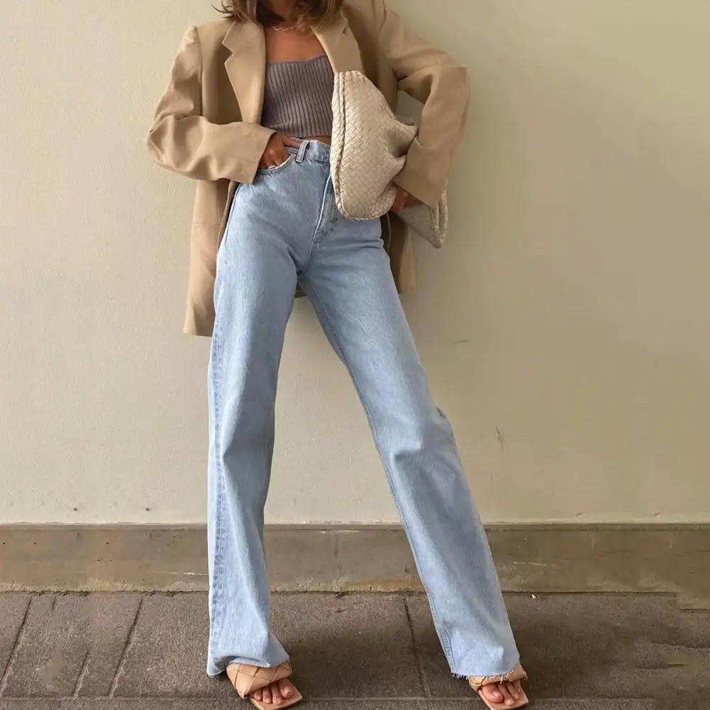 Stylish Denim Pants Full Length Shrink-resistant Casual Pants Women Straight Wide Leg Jeans