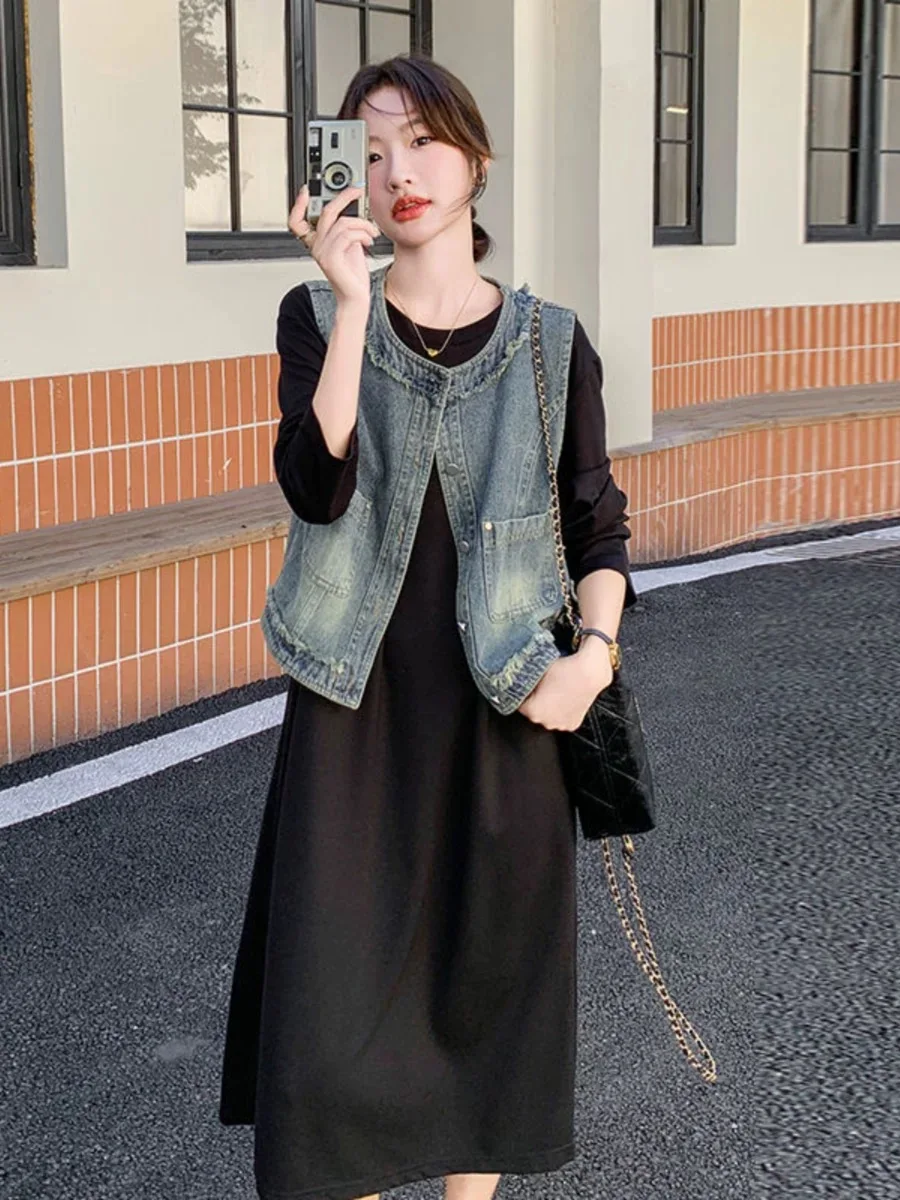 Retro Distressed Denim Vest Jacket Women's Spring Summer Autumn Versatile Age-reducing Layering Sleeveless Vest Tops
