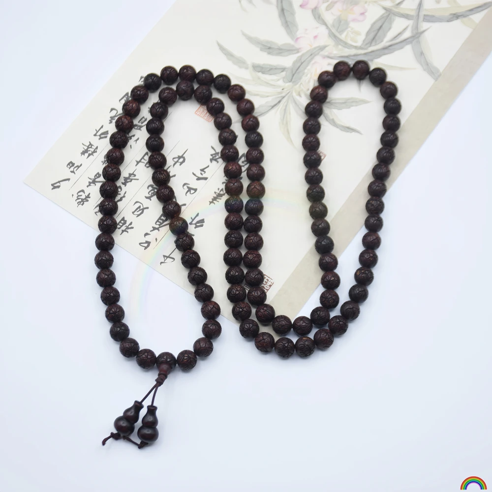 Natural rosewood 108 carved lotus bracelet with multiple circles, prayer beads, lotus Buddha beads, hand-held necklace, Rwbuye