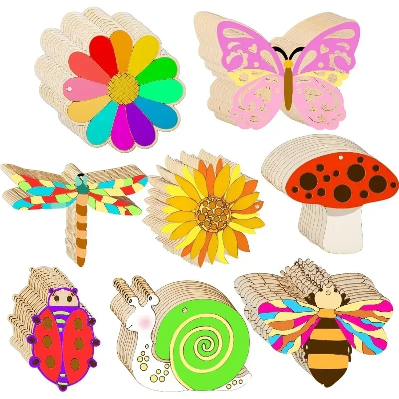 

8pcs Unfinished Wooden Cutouts 8 Styles Wood Butterfly Flower Bee Slices,Blank Wooden Paint Crafts Unfinished Wood Cutouts