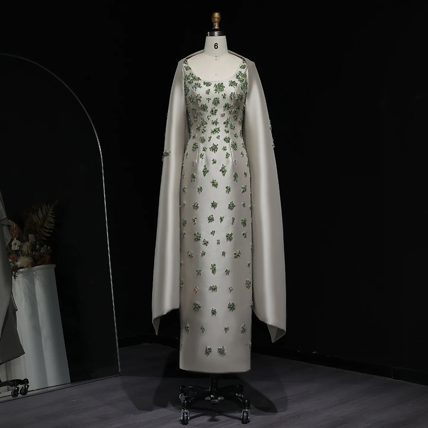 

Sharon Said Elegant Arabic Sage Green 3D Floral Beaded Evening Dress with Cape for Dubai Women Wedding Party SS536 Customized