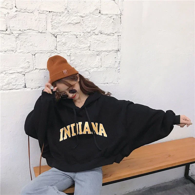 Cropped Hooded Sweatshirt Women Letter Loose Lazy Fall Winter Pullover Hip Hop Long Sleeve Fashion High Street School Tops