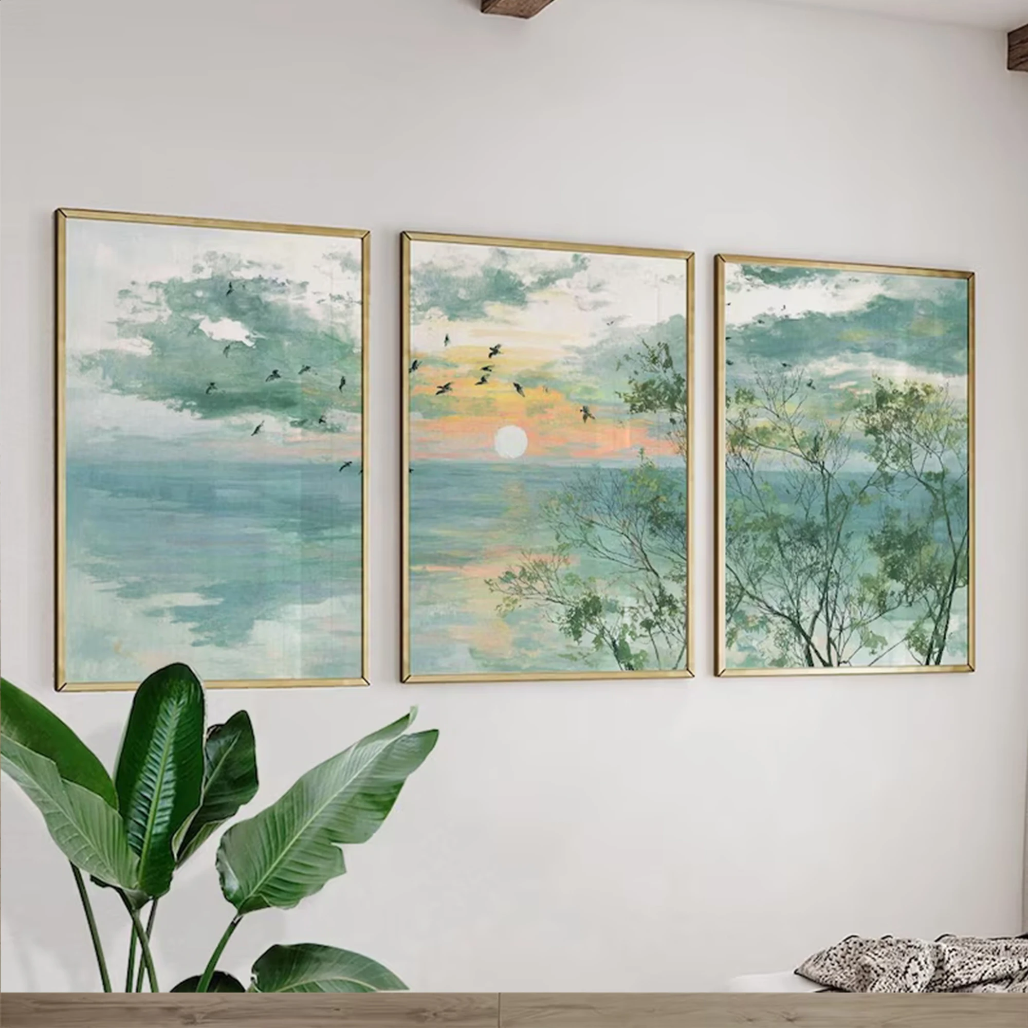 3pcs Retro Aesthetics Of Sunrise Over The Sea Wall Art Print Canvas Painting Poster Picture For Living Room,Bedroom Home Decor