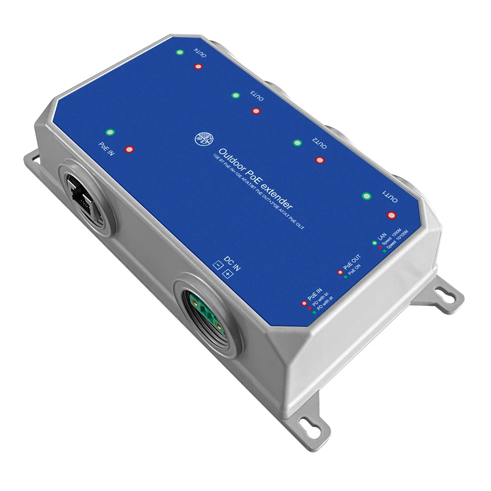 12-48Vdc 入力 4 ポート屋外 POE エクステンダー スイッチ バッテリーと POE 入力を使用して電力を取得可能 10/100/1000Mbps