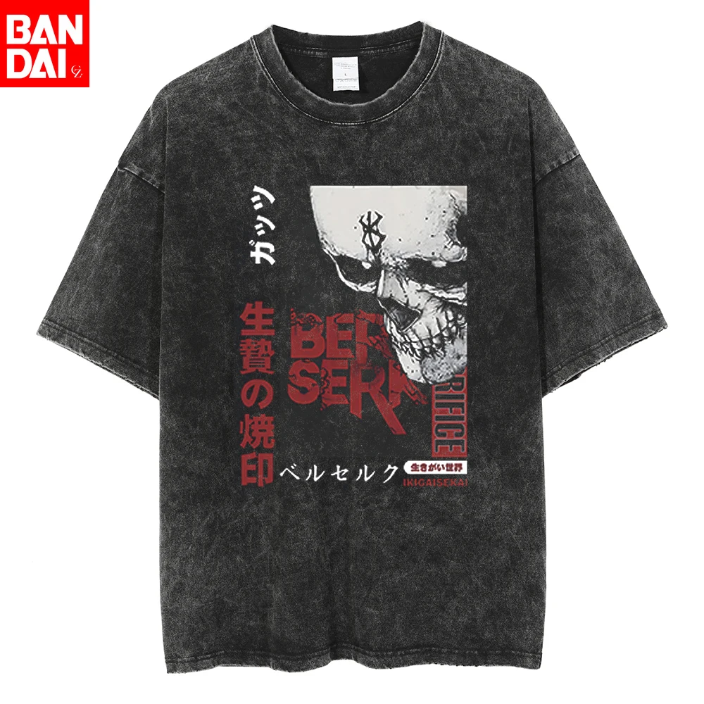 Weiches Baumwoll-Retro-T-Shirt im Used-Look mit Berserk-Anime-Totenkopf-Grafik, bequeme Freizeit-Tops, Kurzarm-T-Shirts, Sommer-T-Shirts