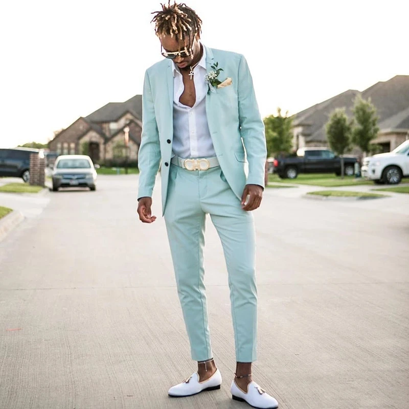 

2022 Mint Green Mens Suits Casual Summer 2 Pieces Beach Mens Groomsmen Wedding Tuxedos Notch Lapel Formal Prom Suit Jacket+Pants