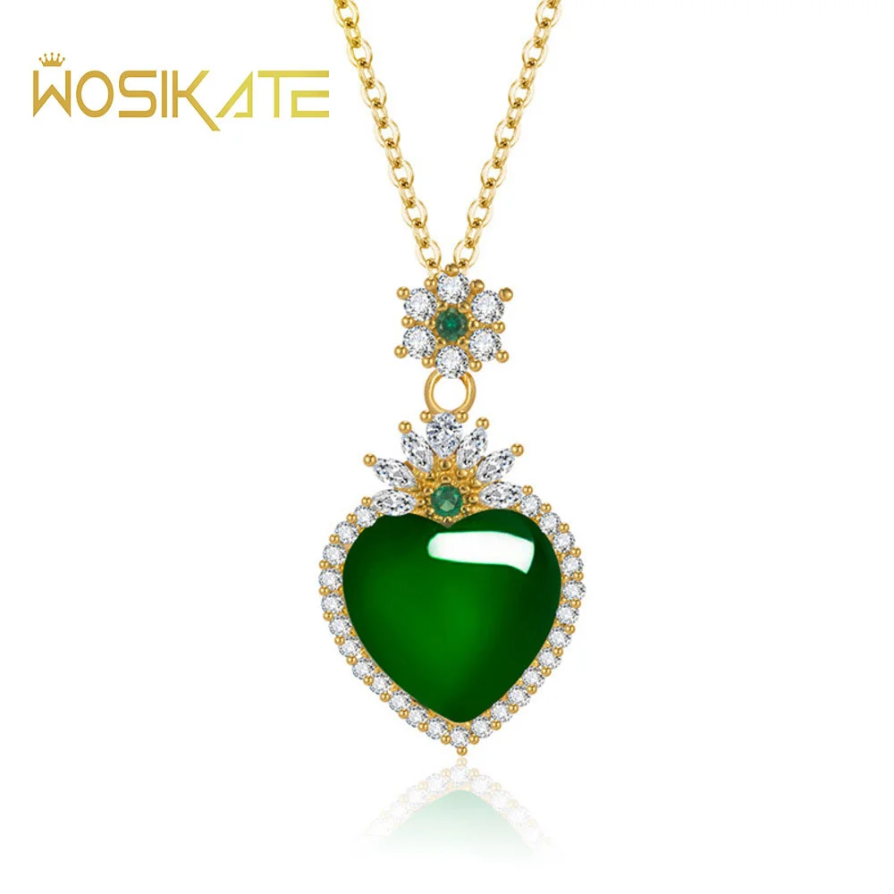 WOSIKATE Luxury 925 Sterling Silver 18K Gold Plated Crown Heart Shape Pendant Necklace For Women With Chalcedony Fine Jewelry