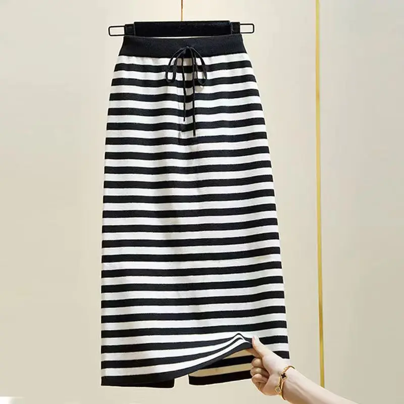 Fashion Korean Lace Up Striped Knitted Skirt Women\'s Clothing Autumn Winter 2023 Trend Slim High Waist Bag Hip Skirts for Female