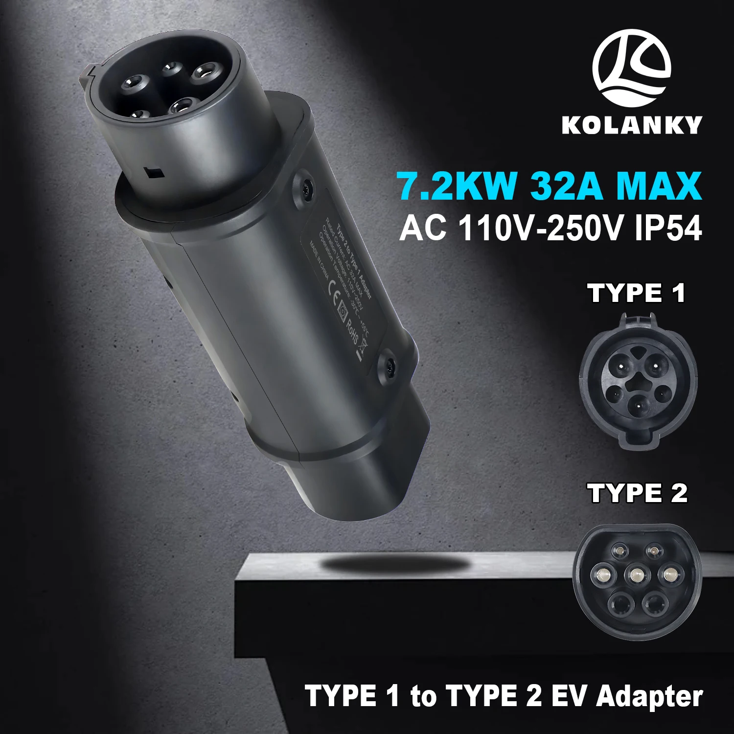 Kolanky 32A 7.2kw Type2 IEC62196-2 To Type1 SAE J1772 EV Home Adapter Electric Vehicle Car Charging  Converter