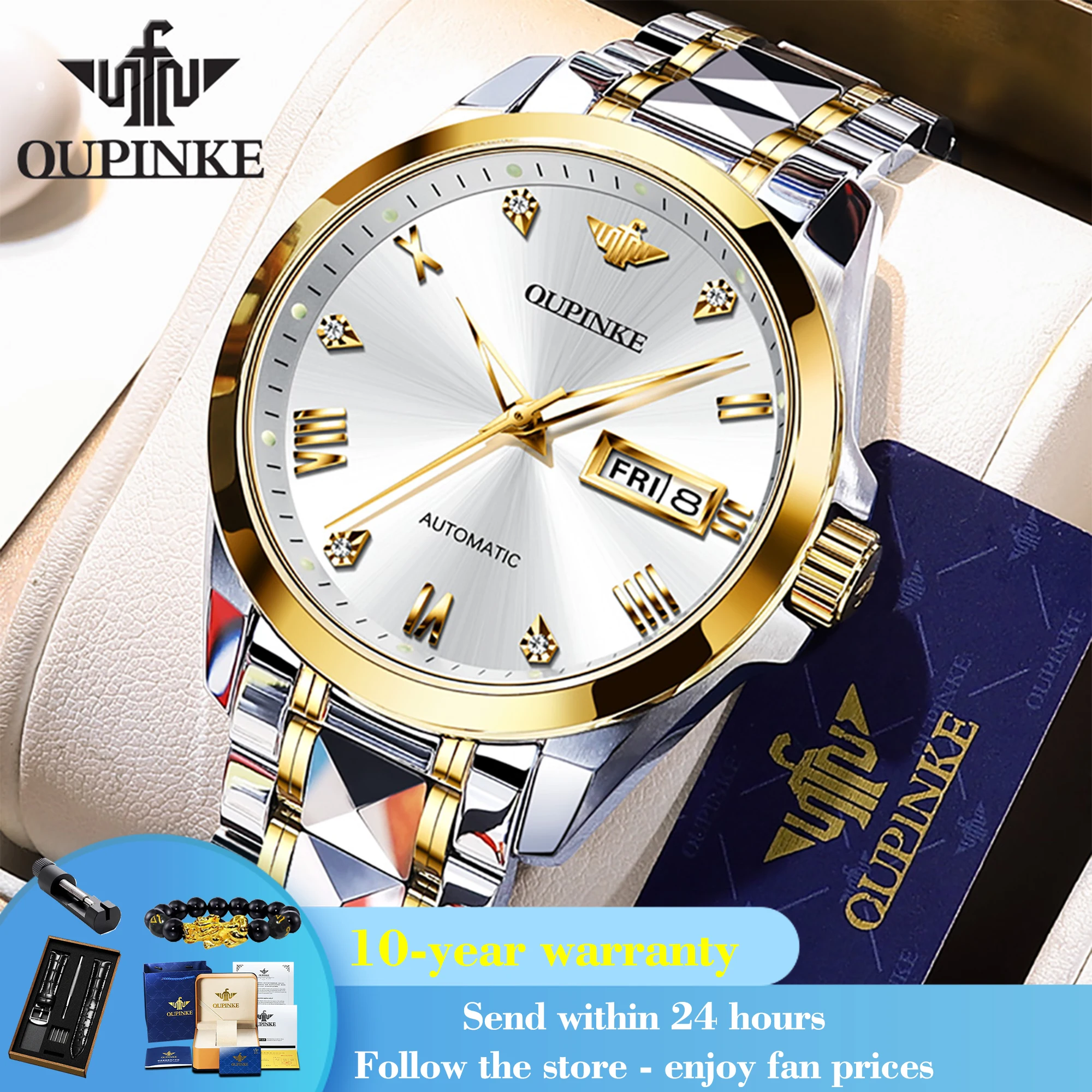 

OUPINKE 3171 Dual Calendar Automatic Watch For Men Roman Scale Original Mechanical Wristwatch Synthetic Sapphire Mirror Watches