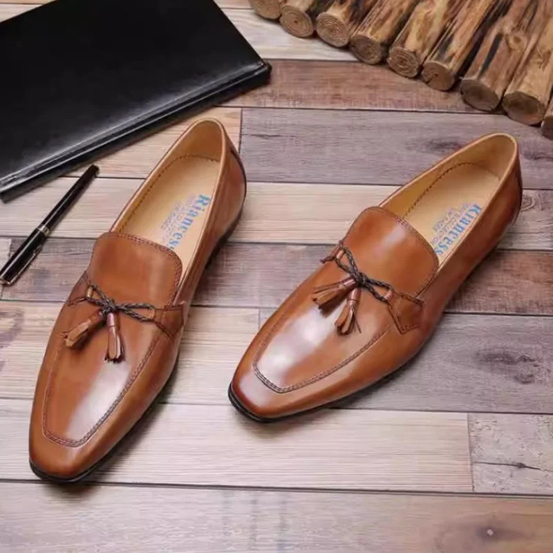 Square-toe Business Casual Leather Shoes For Men Summer Thin High-grade Leather Fringed Loafers Slip-on Suede Men Shoes