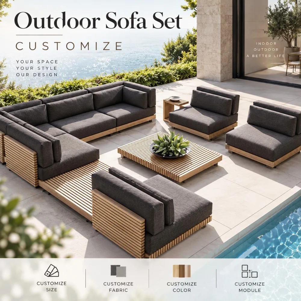 Nordic Solid Wood Outdoor Sofa Set, Luxury Waterproof Sunproof Patio Furniture, Balcony and Garden Leisure Recliner for Villa
