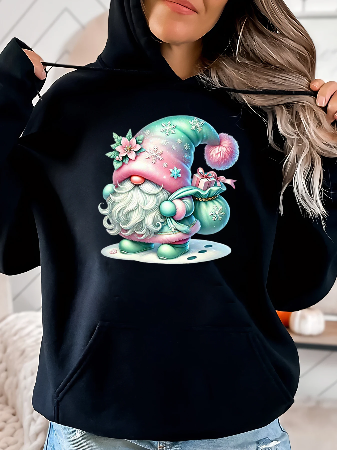 Kapuzenpullover mit Weihnachtszwerg-Aufdruck, Winterurlaub, Freizeitkleidung, Damen, Schwarz, Übergröße