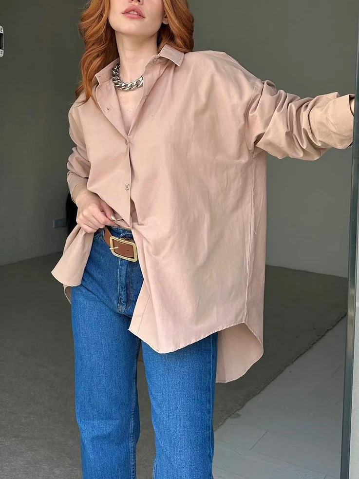 2023 Autumn New Oversize Shirt for Women Soild Color Loose Button Up Blouse with Open Back Green Back Slit Women\'s Cotton Shirt