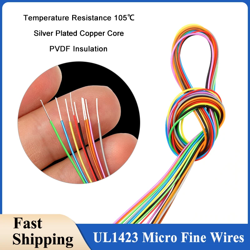 5/10/50M UL1423 PTFE Silver Plated Copper Wire 38 36 34 32 30 28 26 24AWG Single Core Micro Fine High Temperature Electric Line