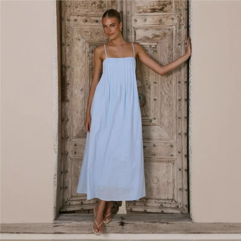 

Casual Fashion New Dress Women's Summer Solid Color Spaghetti Strap Backless Dresses Resort Beach Big Swing Pleated Long Dress