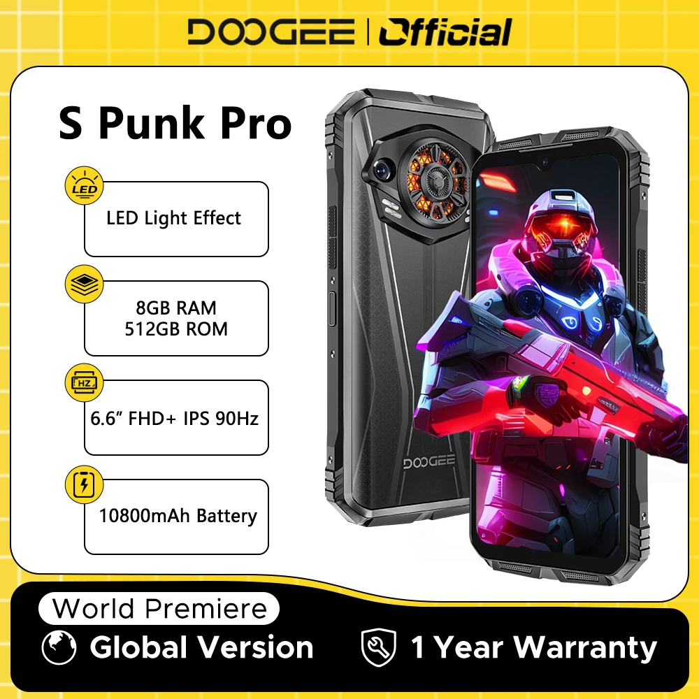 Прочный телефон DOOGEE S Punk Pro со светодиодной подсветкой, 8 ГБ ОЗУ, 512 ГБ ПЗУ, 6,6 дюйма, FHD+, 90 Гц, 10800 мАч, аккумулятор, 50-мегапиксельная камера AI, Android 14 NFC