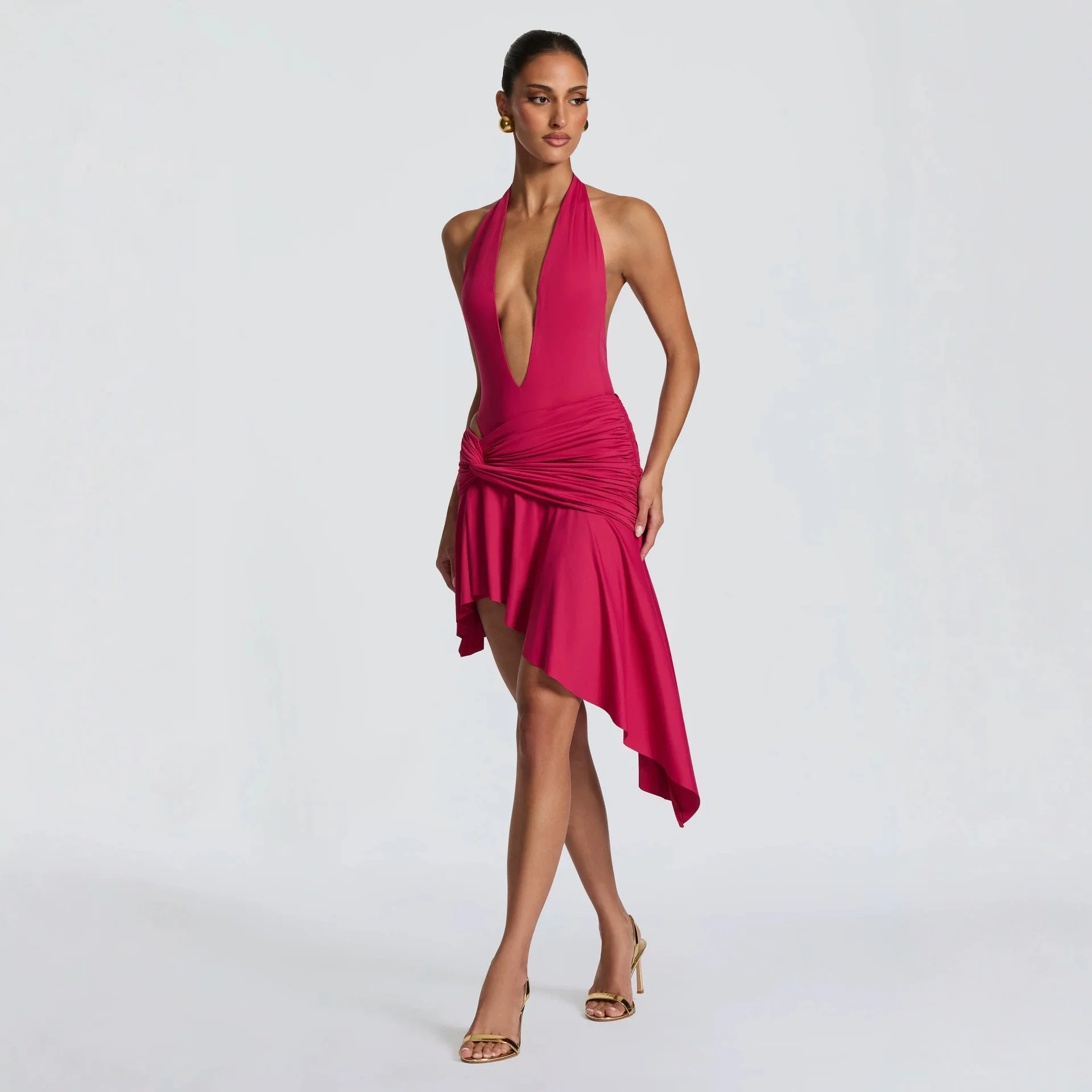 

2026 Summer New Sexy Halter Neck Deep V Backless Jumpsuit Fashionable Irregular Short Skirt Two-piece Set Lace Beach Midi
