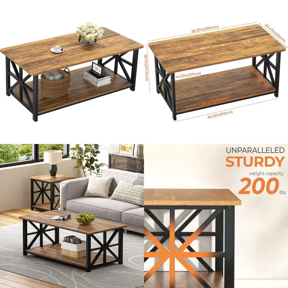 

Farmhouse-Style GreenForest Coffee Table with Rounded Edges and Dual-Tier Storage Shelf for Living Room Use