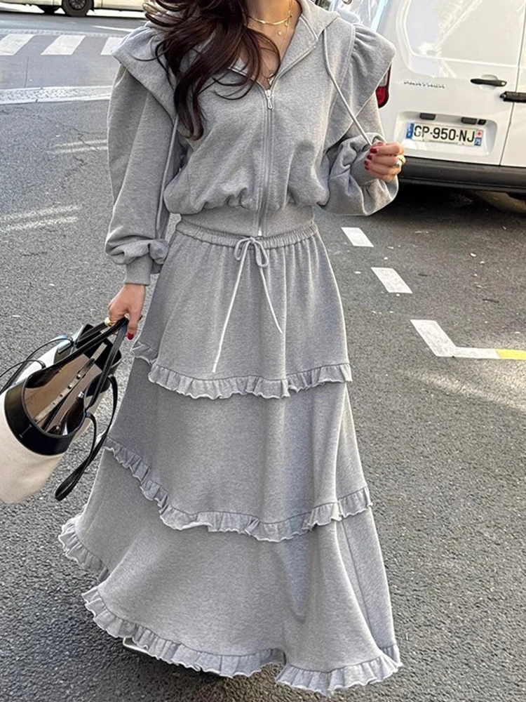 

Ele Autumn Zipper Hoodie Jaet Women's Skirt Set Chic High Waist Baked Cake f-length Gauze Faionable Outfit