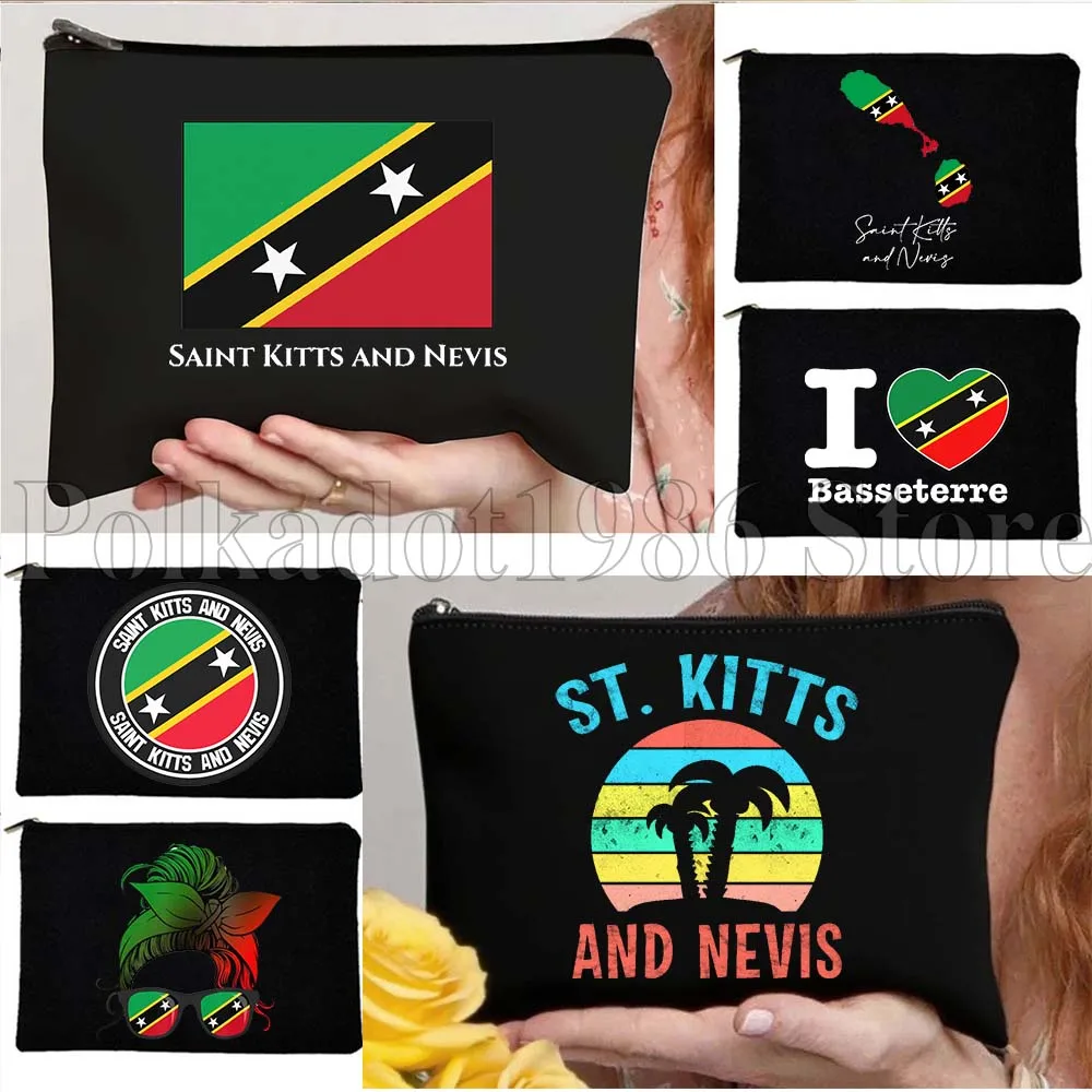 

Saint Kitts and Nevis Flag Map Travel Gifts Canvas Cosmetic Bags Bridesmaid Outdoor Bachelor Party Lipstick Travel Makeup Bag