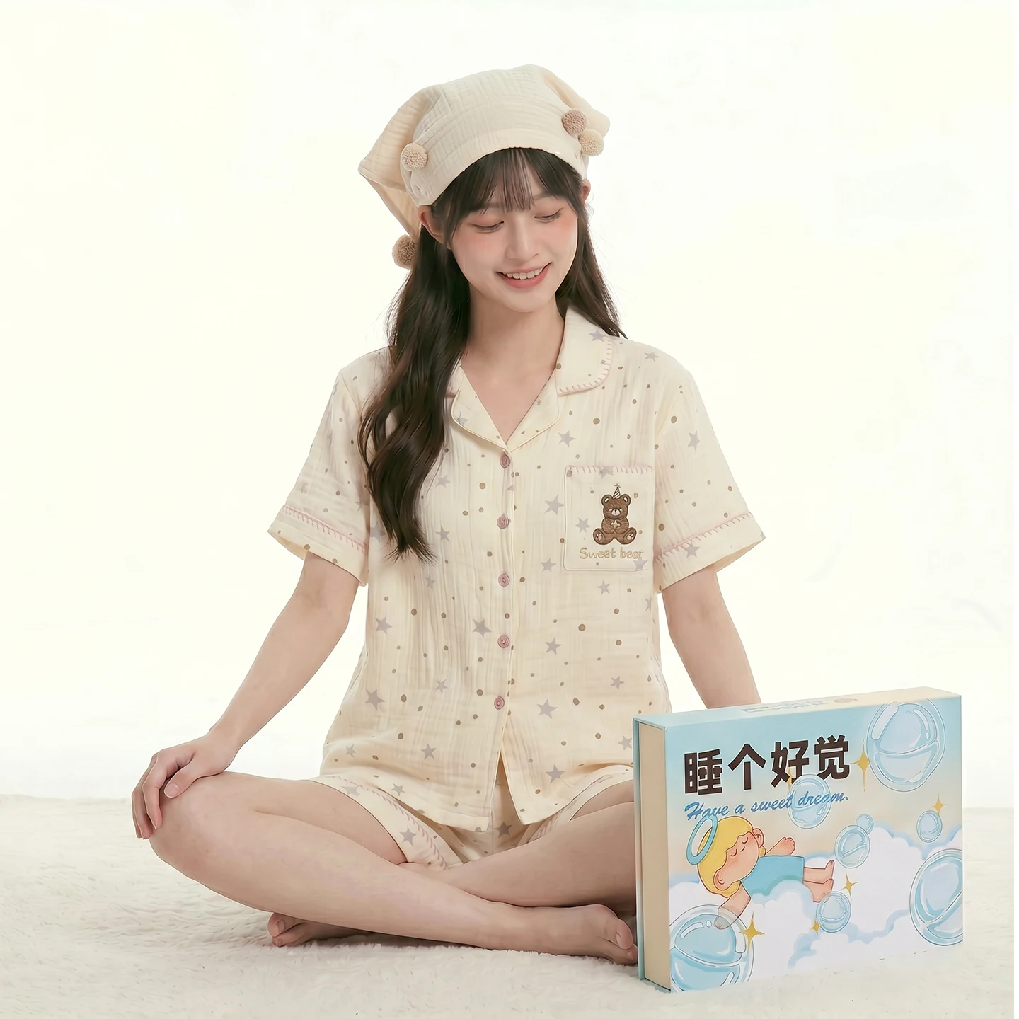 pyjama-en-coton-double-couche-sweet-bear-star-ensemble-short-et-haut-a-manches-courtes-vetements-de-maison-vetements-de-nuit-confortables-et-respirants-pour-l'ete