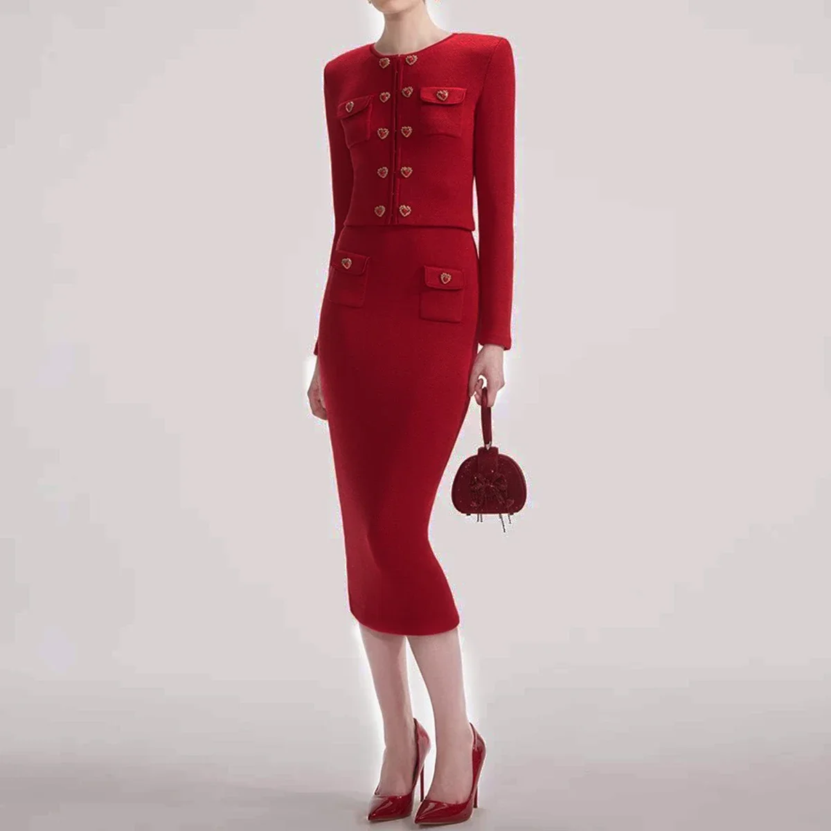 Elegant Elastic Knit Heart Shaped Button Cardigan Slim Half Skirt Set Women Fashion Outfits