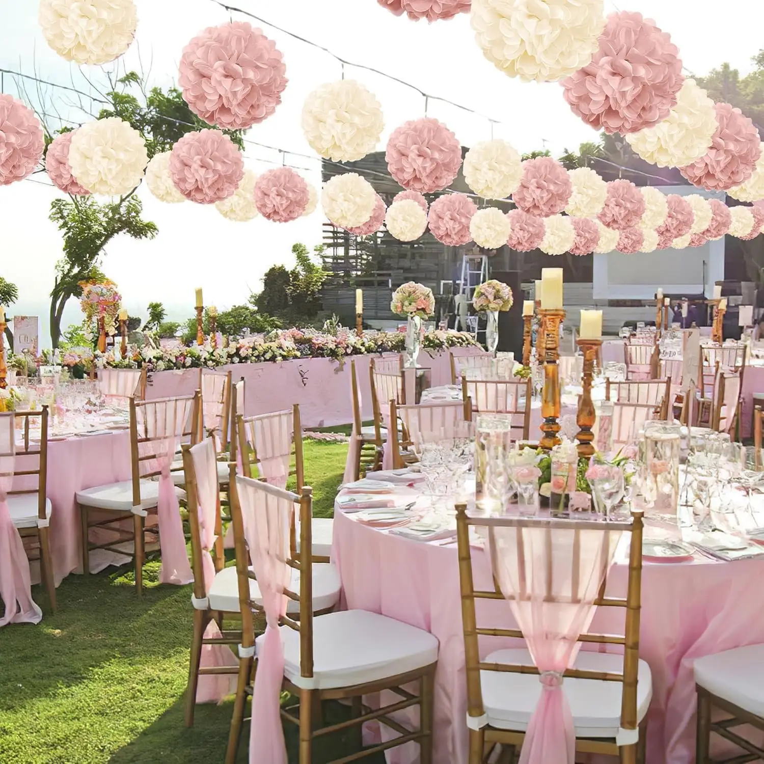 20 Stück rosa und Champagner hängende Pompons aus Papier – dekorative Taschentuch-Blumenkugeln für Festivals, Babypartys, Abschlussfeiern und Geburtstagsfeiern – Detail 5