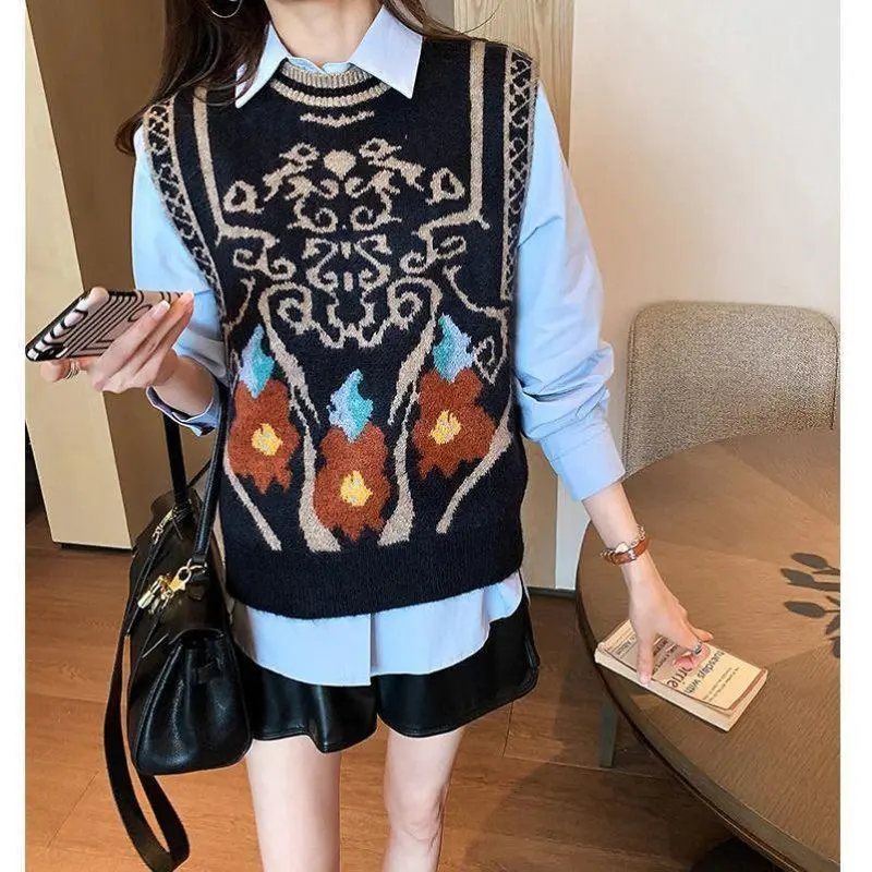 Vintage Print Spring Autumn 2022 Women Korean Style Knitted Sweater Vest Casual O Neck Sleeveless All-match Female Outerwear 3XL